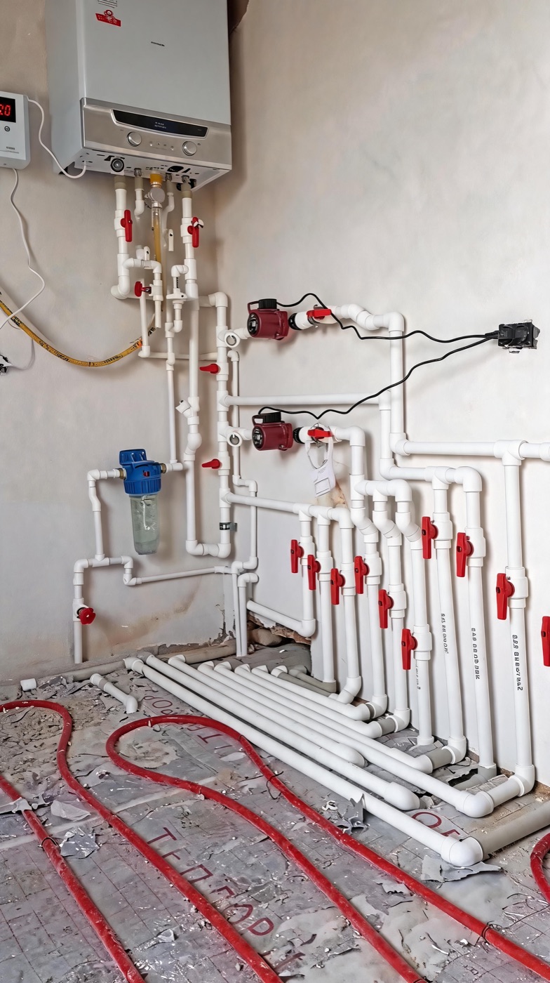 Gaskessel mit Pumpengruppe, Anbindung und Fußbodenheizung